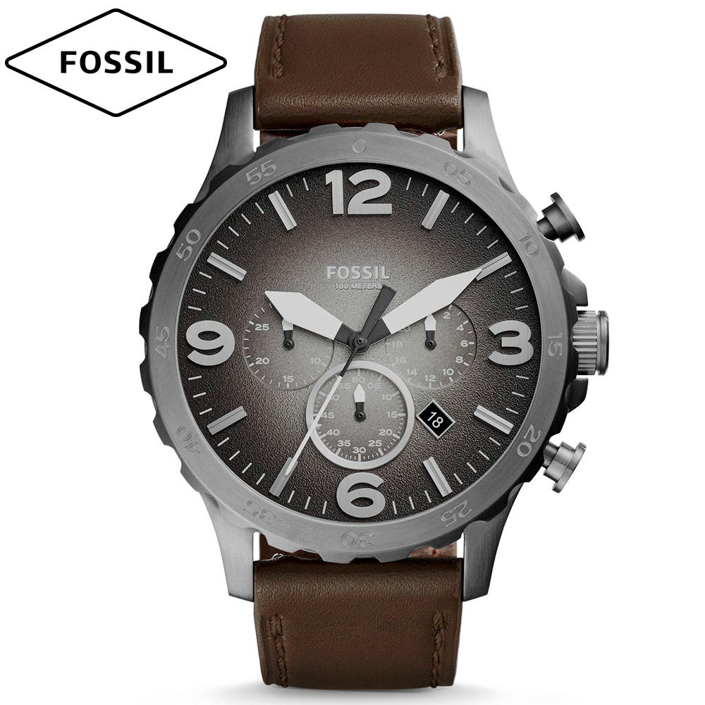 Fossil Nate Chronograph Grey Dial Brown Leather Strap Watch for Men - JR1424 Watches Fossil   