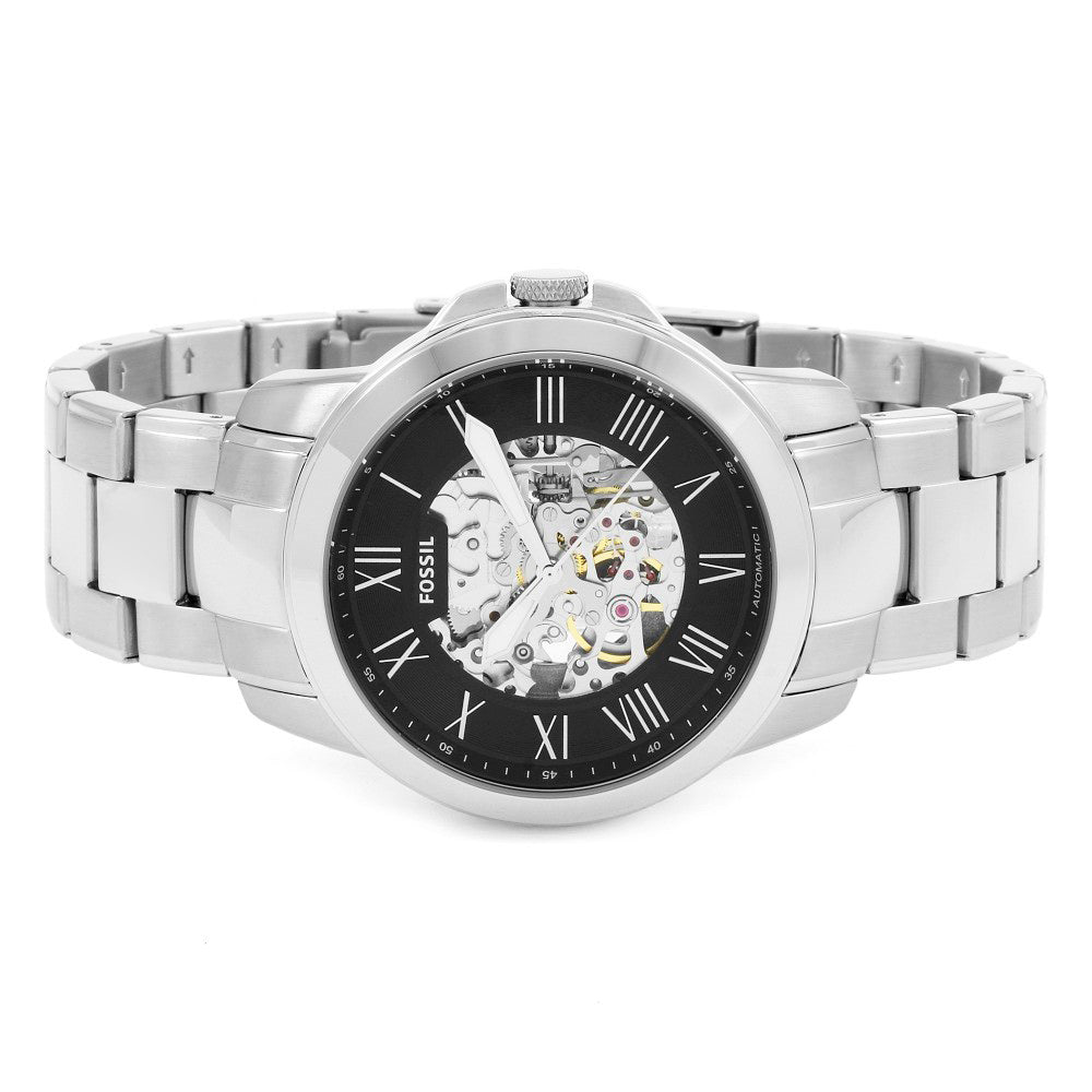 Fossil Grant Automatic Skeleton Black Dial Silver Steel Strap Watch for Men - ME3103 Watches Fossil   