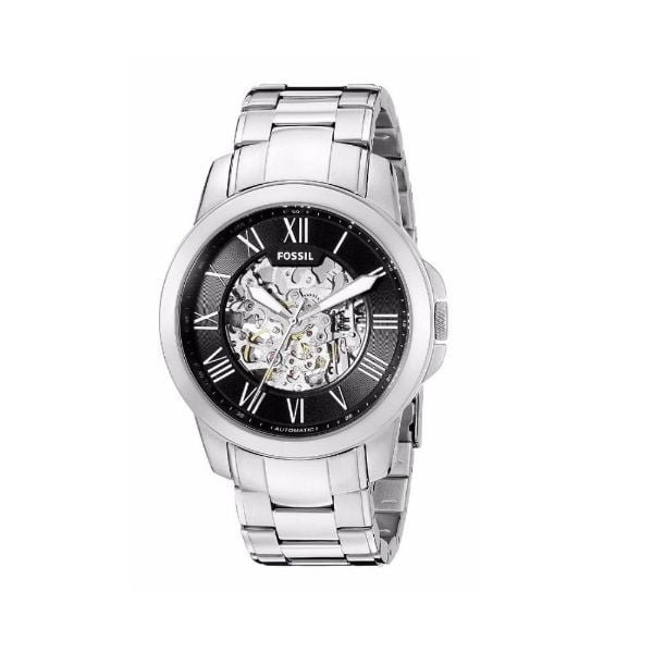 Fossil Grant Automatic Skeleton Black Dial Silver Steel Strap Watch for Men - ME3103 Watches Fossil   