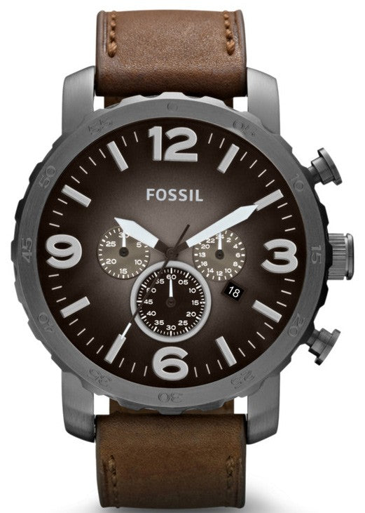 Fossil Nate Chronograph Grey Dial Brown Leather Strap Watch for Men - JR1424 Watches Fossil   