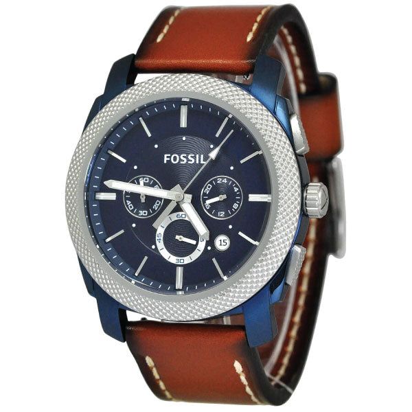 Fossil Machine Chronograph Blue Dial Brown Leather Strap Watch for Men - FS5232 Watches Fossil   