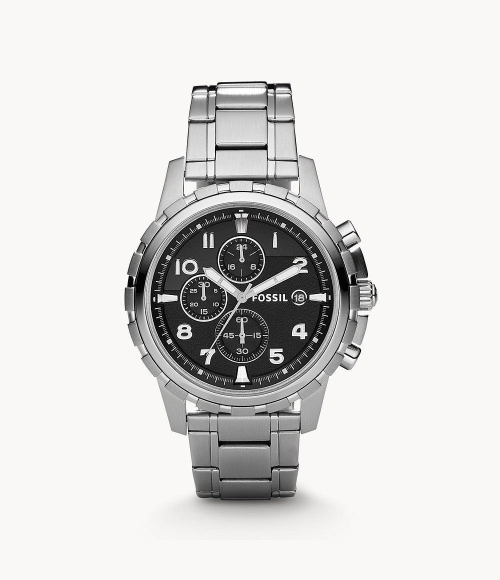 Fossil Dean Chronograph Black Dial Silver Steel Strap Watch for Men - FS4542 Watches Fossil   