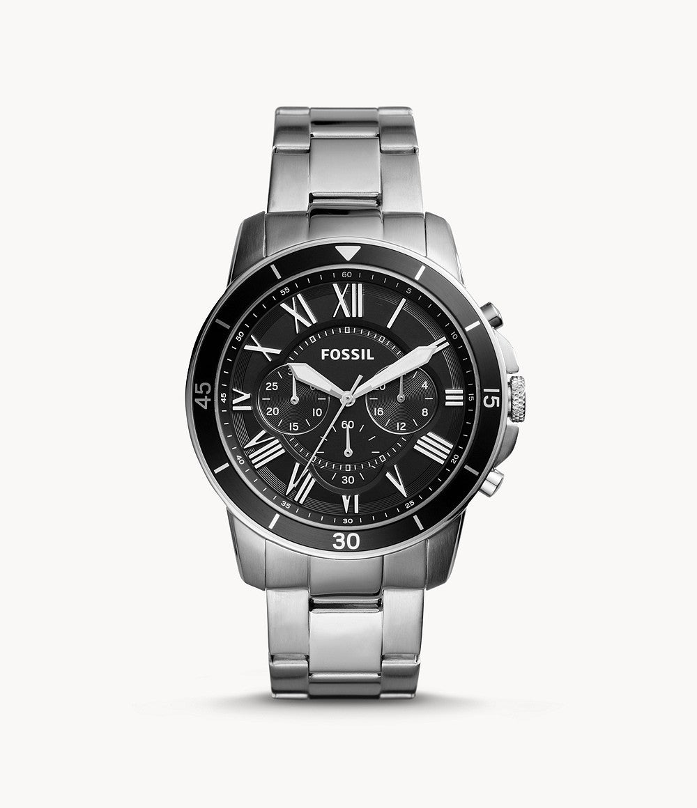 Fossil Grant Sport Chronograph Black Dial Silver Steel Strap Watch for Men - FS5236 Watches Fossil   