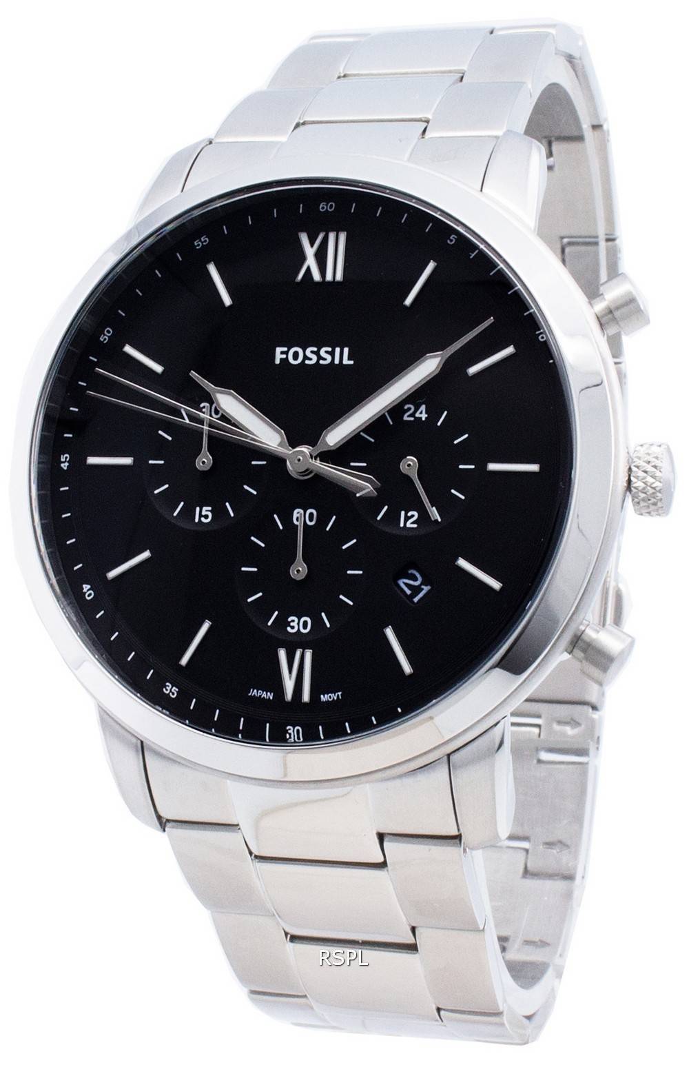 Fossil Neutra Chronograph Black Dial Silver Steel Strap Watch for Men - FS5384 Watches Fossil   