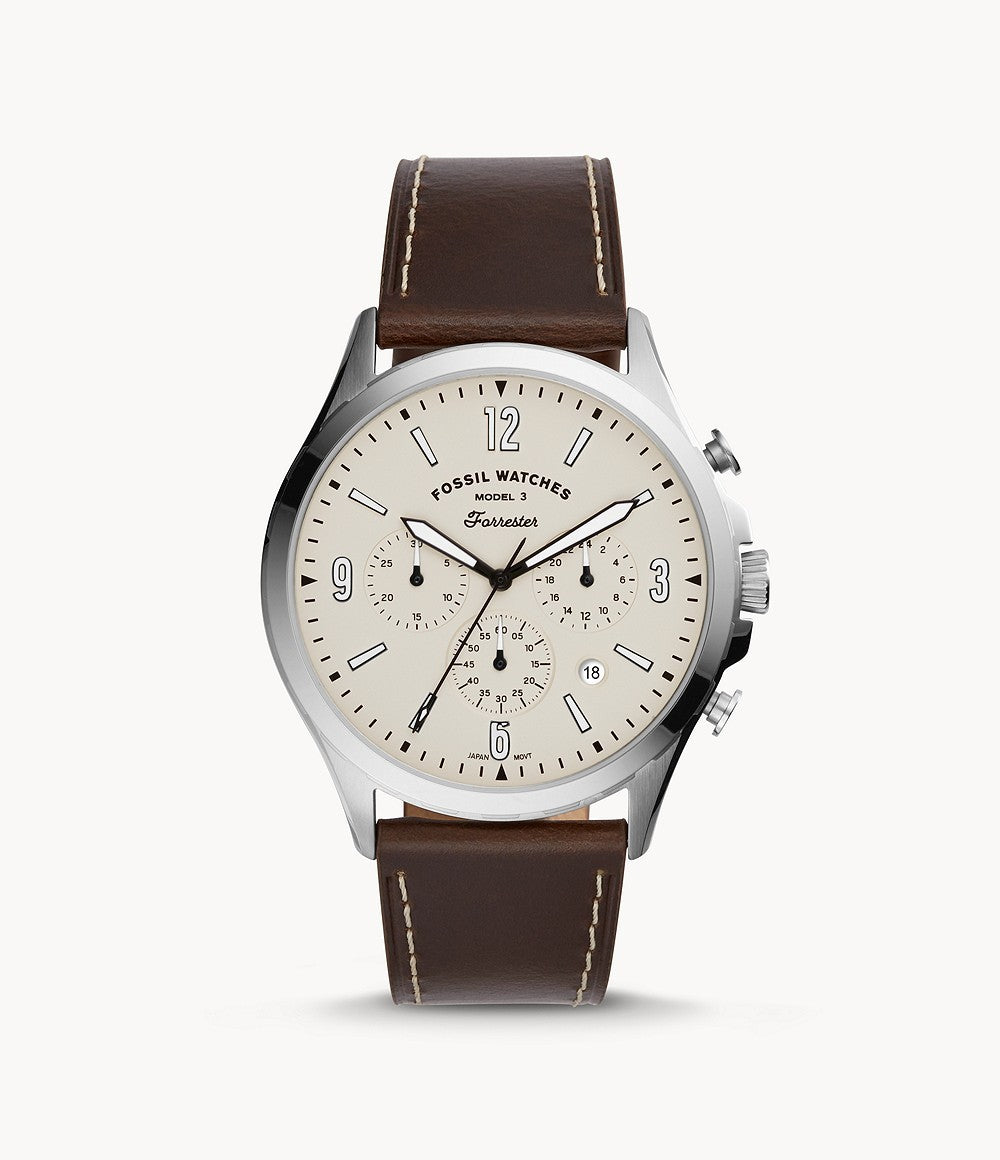 Fossil Forrester Chronograph Cream Dial Brown Leather Strap Watch for Men - FS5696 Watches Fossil   