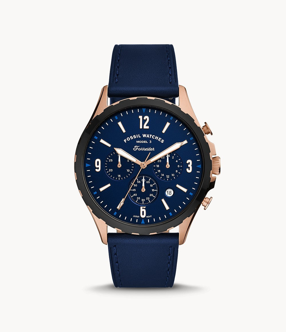 Fossil Forrester Chronograph Blue Dial Blue Leather Strap Watch for Men - FS5814 Watches Fossil   