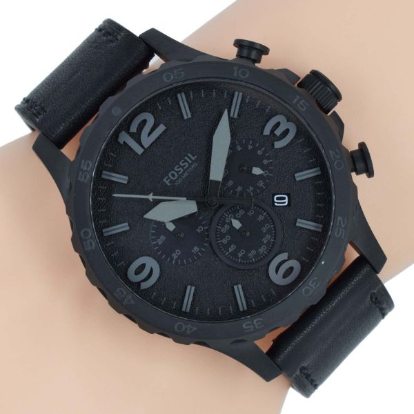 Fossil Nate Chronograph Black Dial Black Leather Strap Watch for Men - JR1354 Watches Fossil   