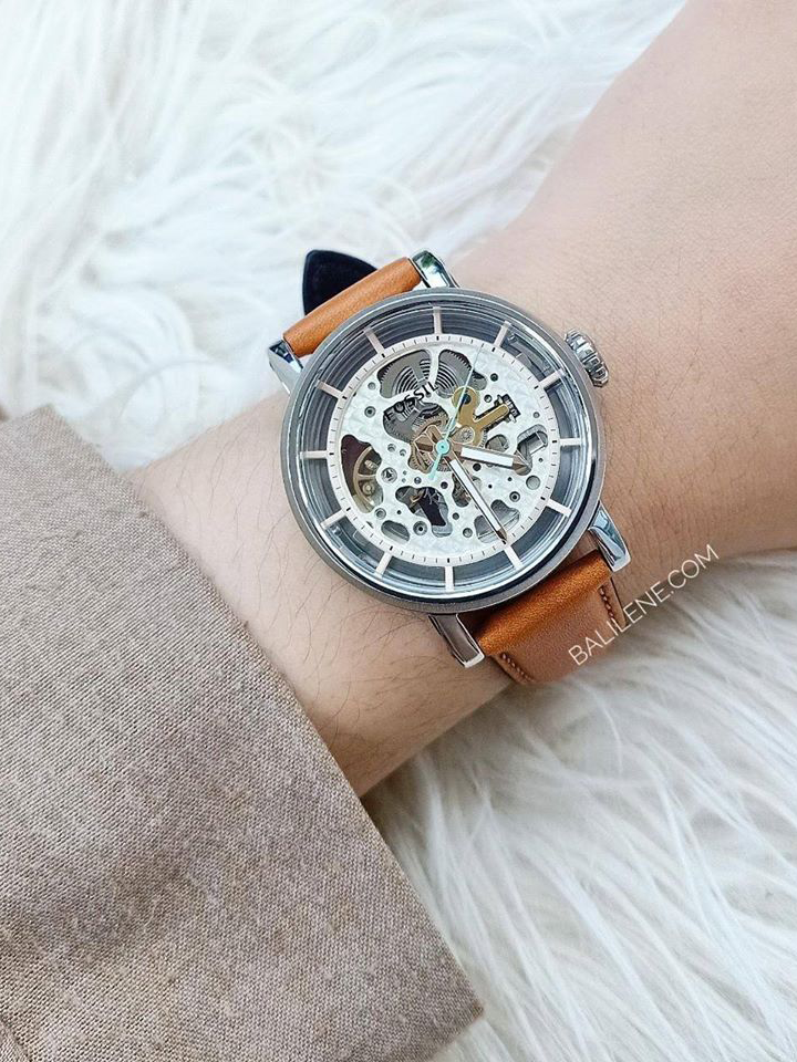 Fossil Boyfriend Automatic Skeleton Silver Dial Brown Leather Strap Watch for Women - ME3109 Watches Fossil   