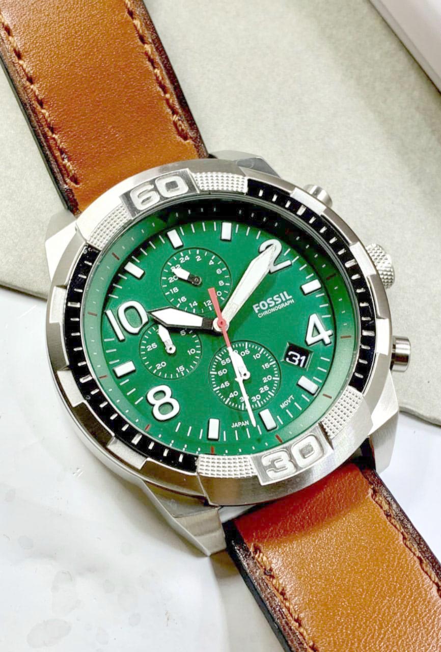 Fossil Bronson Chronograph Green Dial Brown Leather Strap Watch for Men - FS5738 Watches Fossil   