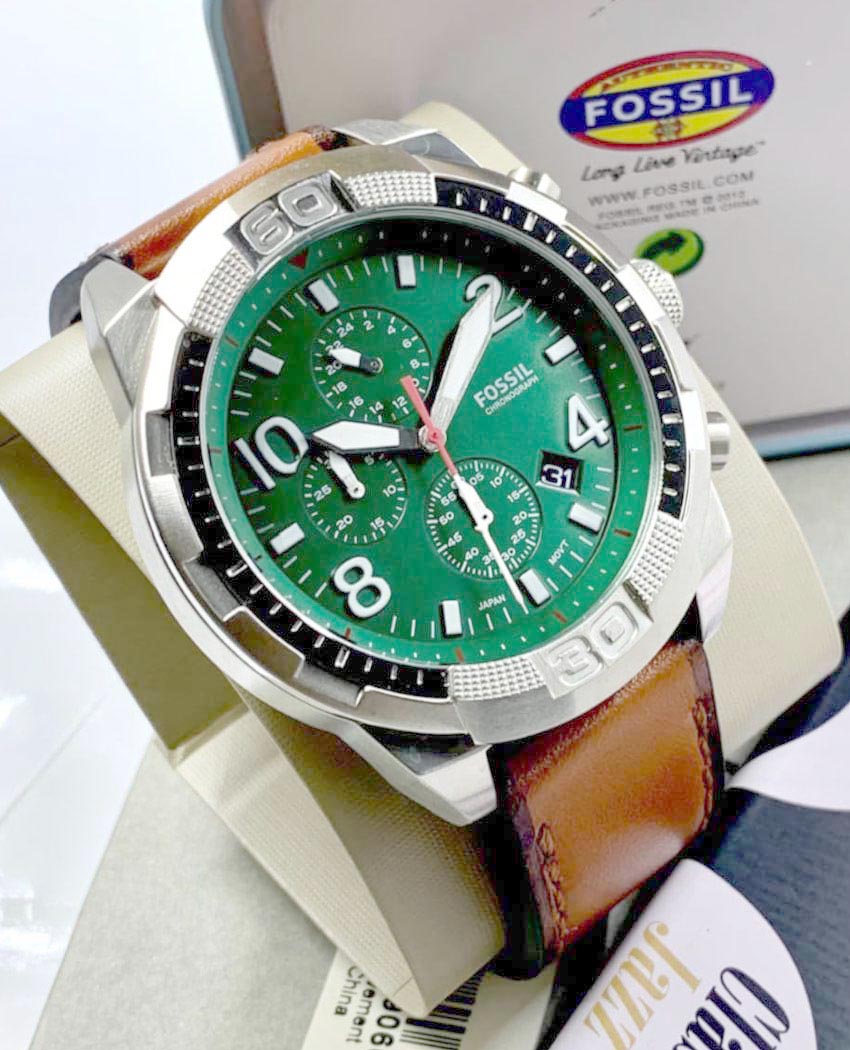 Fossil Bronson Chronograph Green Dial Brown Leather Strap Watch for Men - FS5738 Watches Fossil   