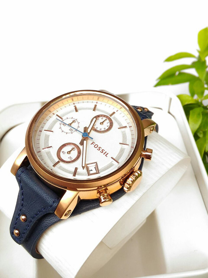 Fossil Original Boyfriend Chronograph White Dial Navy Blue Leather Strap Watch for Women - ES3838 Watches Fossil   