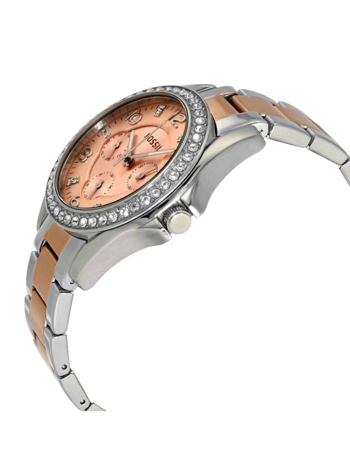 Fossil Riley Multifunction Rose Gold Dial Two Tone Steel Strap Watch for Women - ES4145 Watches Fossil   