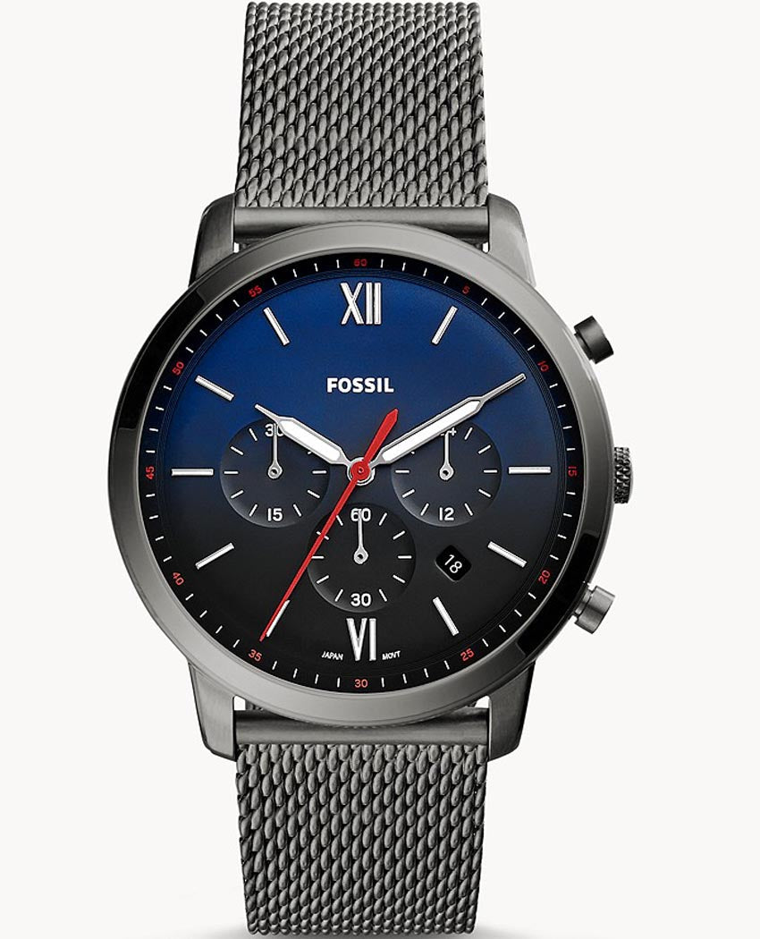 Fossil Neutra Chronograph Blue Dial Silver Mesh Bracelet Watch for Men - FS5383 Watches Fossil   