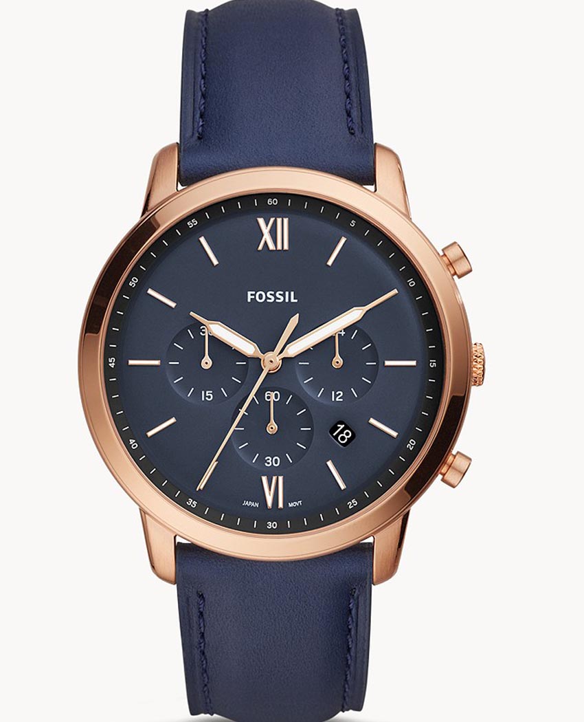 Fossil Neutra Chronograph Blue Dial Blue Leather Strap Watch for Men - FS5454 Watches Fossil   