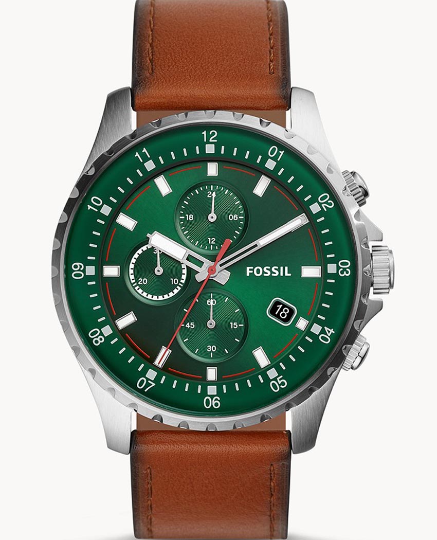 Fossil Dillinger Luggage Chronograph Green Dial Brown Leather Strap Watch for Men - FS5734 Watches Fossil   