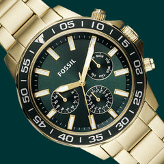 Fossil Bannon Multifunction Chronograph Green Dial Gold Steel Strap Watch for Men - BQ2493 Watches Fossil   