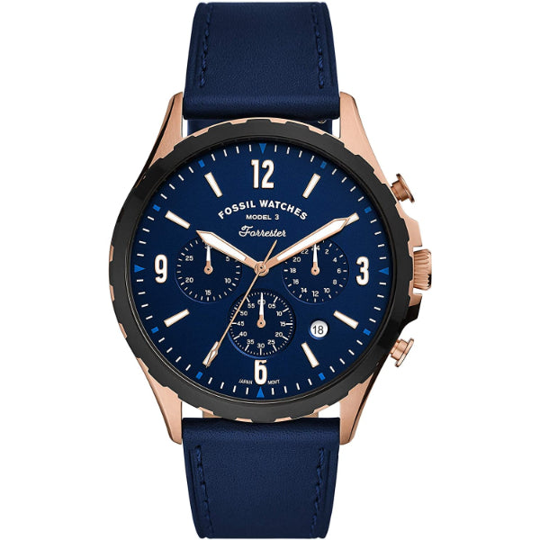 Fossil Forrester Chronograph Blue Dial Blue Leather Strap Watch for Men - FS5814 Watches Fossil   