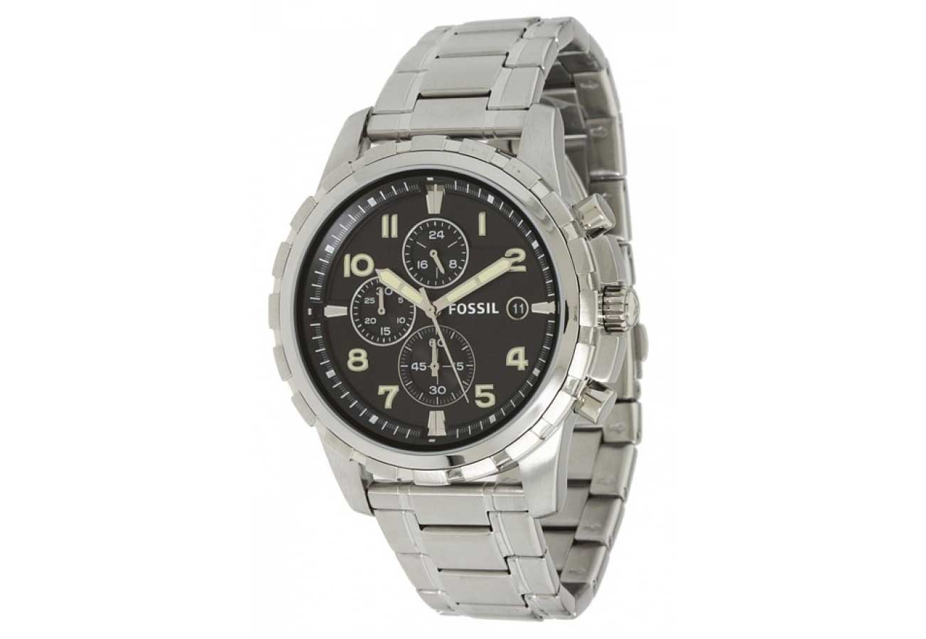 Fossil Dean Chronograph Black Dial Silver Steel Strap Watch for Men - FS4542 Watches Fossil   