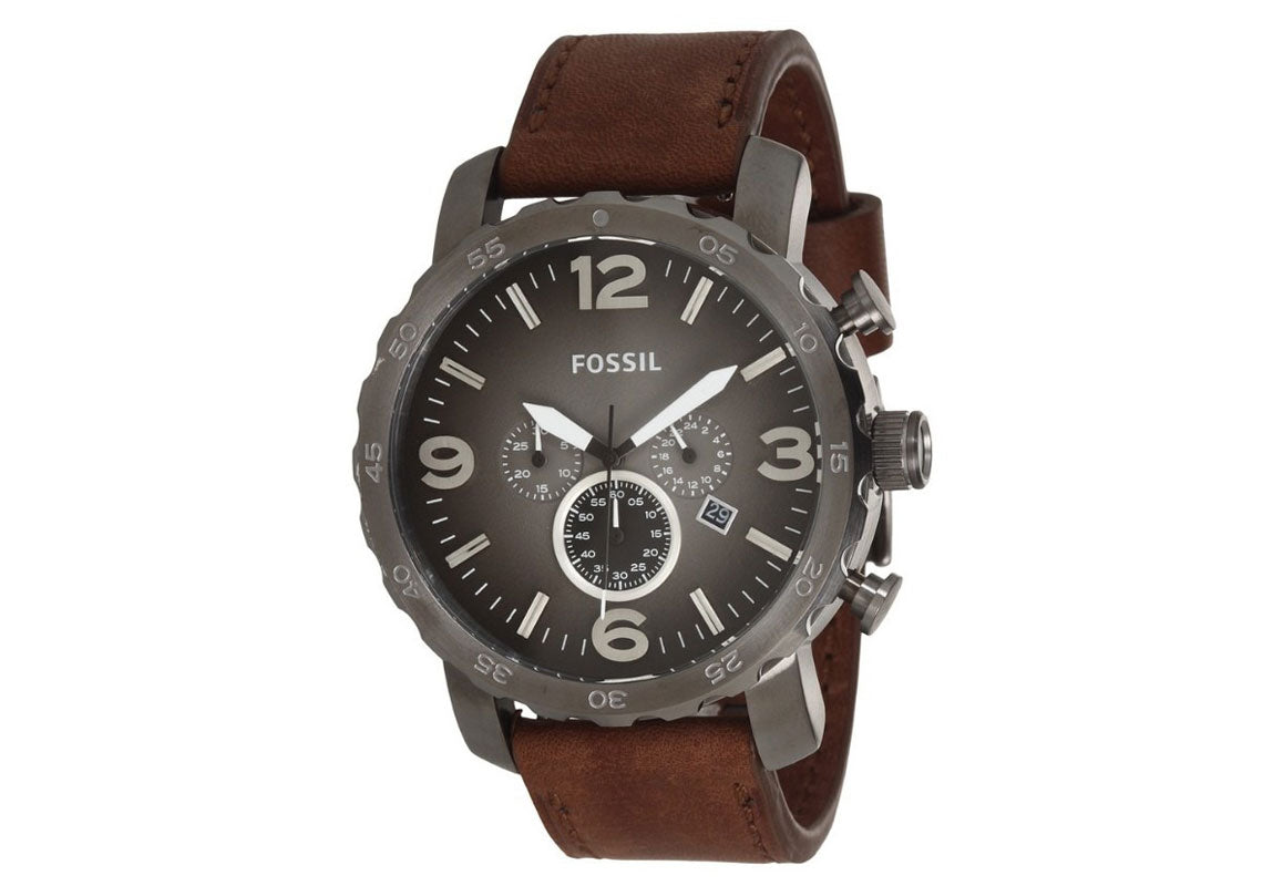 Fossil Nate Chronograph Grey Dial Brown Leather Strap Watch for Men - JR1424 Watches Fossil   