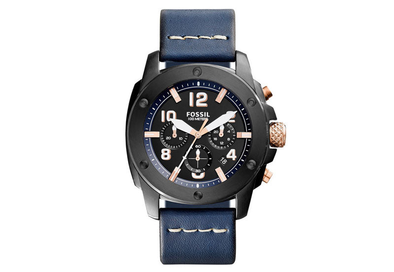 Fossil Modern Machine Chronograph Black Dial Blue Leather Strap Watch for Men - FS5066 Watches Fossil   