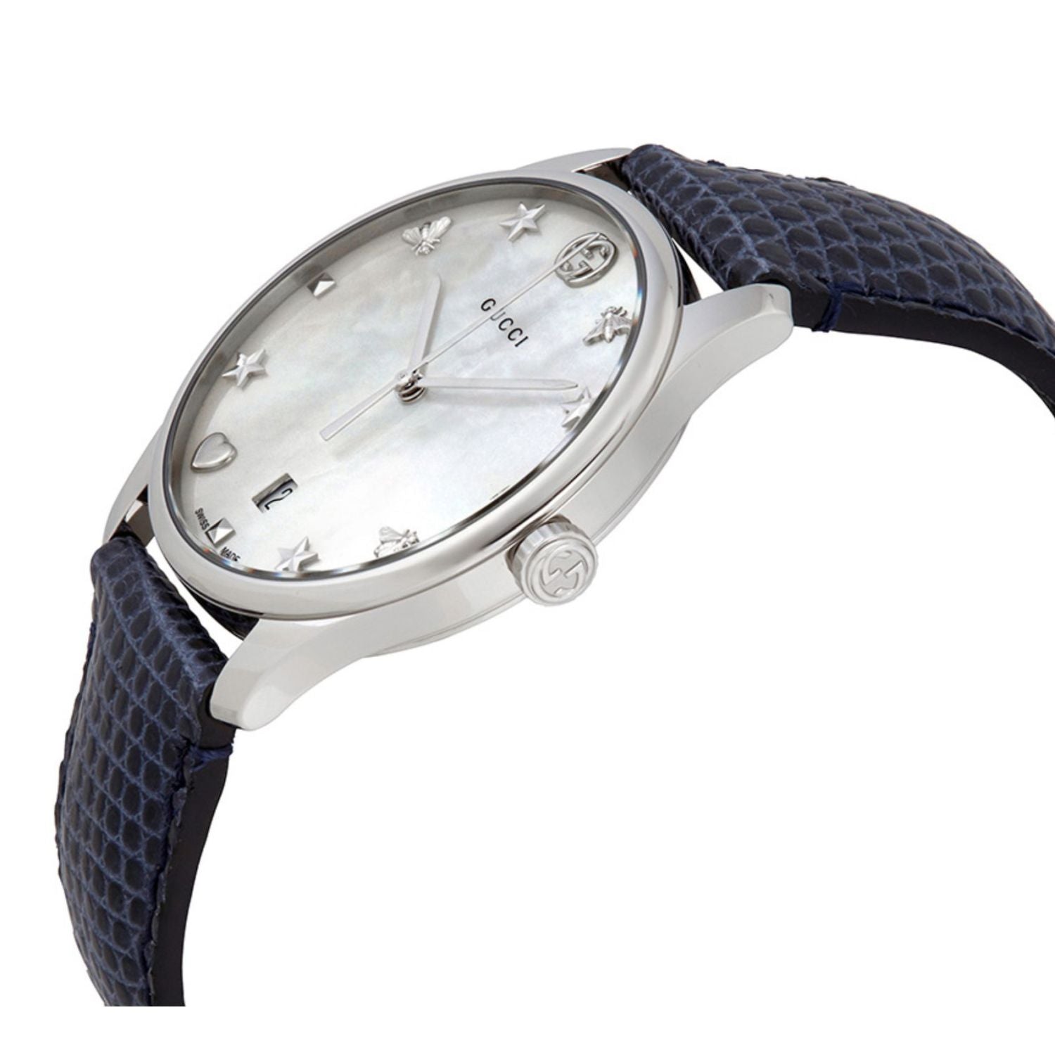 Gucci G-Timeless Signature Mother of Pearl Silver Dial Blue Leather Strap Watch For Women - YA1264049 Watches Gucci   