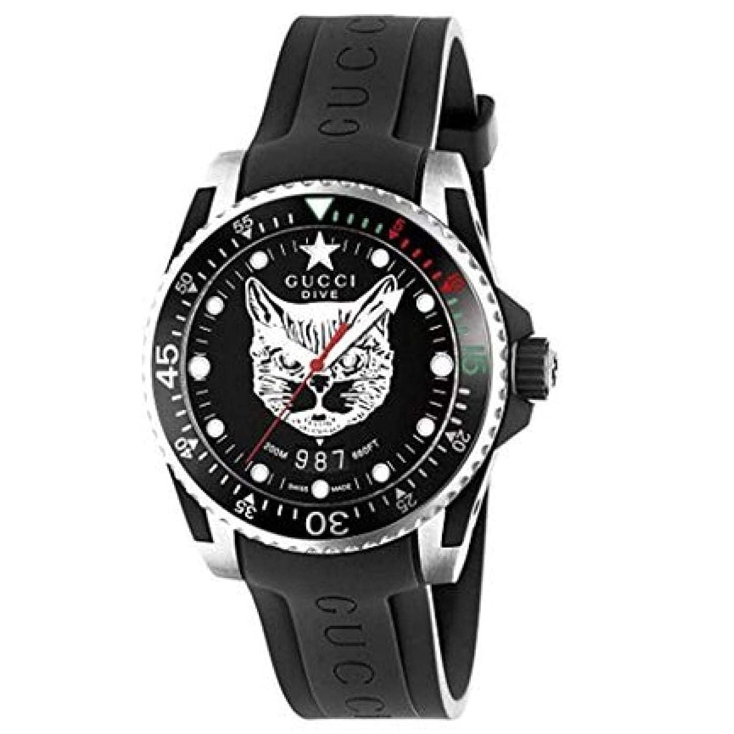 Gucci Dive Feline Black Dial Black Rubber Strap Watch For Men - YA136323 Watches Gucci   