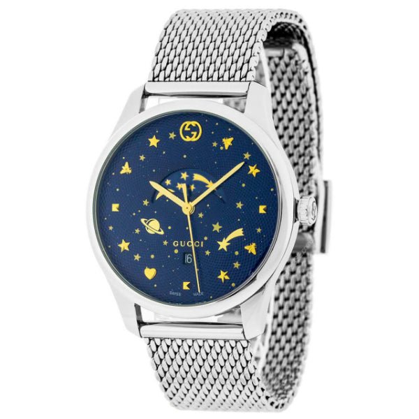 Gucci G-Timeless Motifs Moon Phase Blue Dial Silver Mesh Bracelet Watch For Men - YA126328 Watches Gucci   