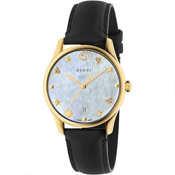 Gucci G-Timeless Mother of Pearl Dial Black Leather Strap Watch For Women - YA1264044 Watches Gucci   