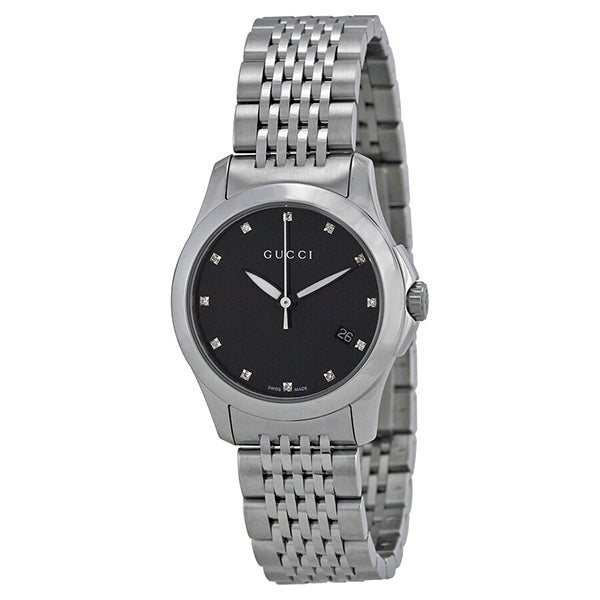 Gucci G Timeless Diamond Mother of Pearl Black Dial Silver Steel Strap Watch For Women - YA126505 Watches Gucci   