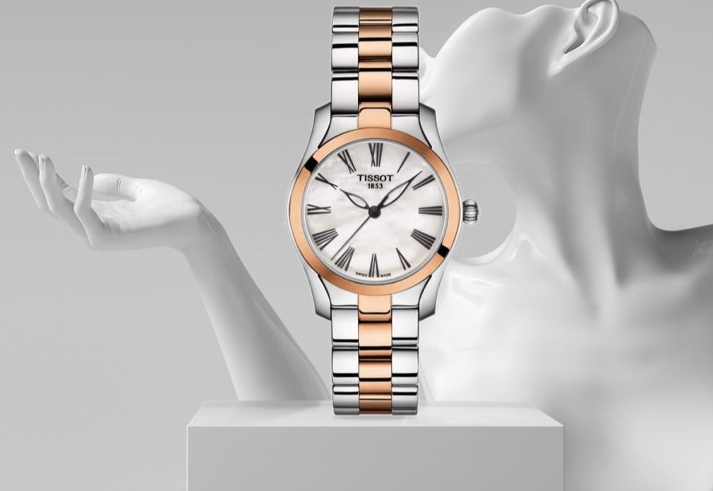 Tissot T Wave Mother of Pearl Dial Two Tone Stainless Steel Strap Watch For Women - T112.210.22.113.01 Watches Tissot   