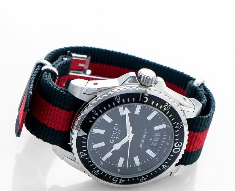 Gucci Dive Black Dial Green & Red Nylon Strap Watch For Men - YA136206 Watches Gucci   