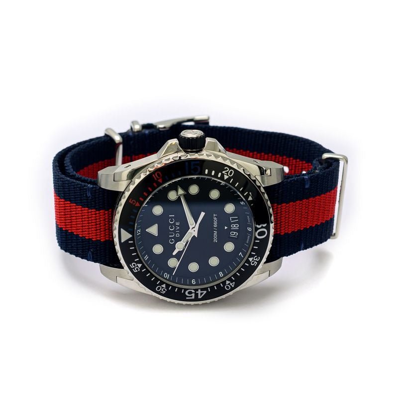 Gucci Dive Black Dial Red & Blue Nylon Strap Watch For Men - YA136210 Watches Gucci   