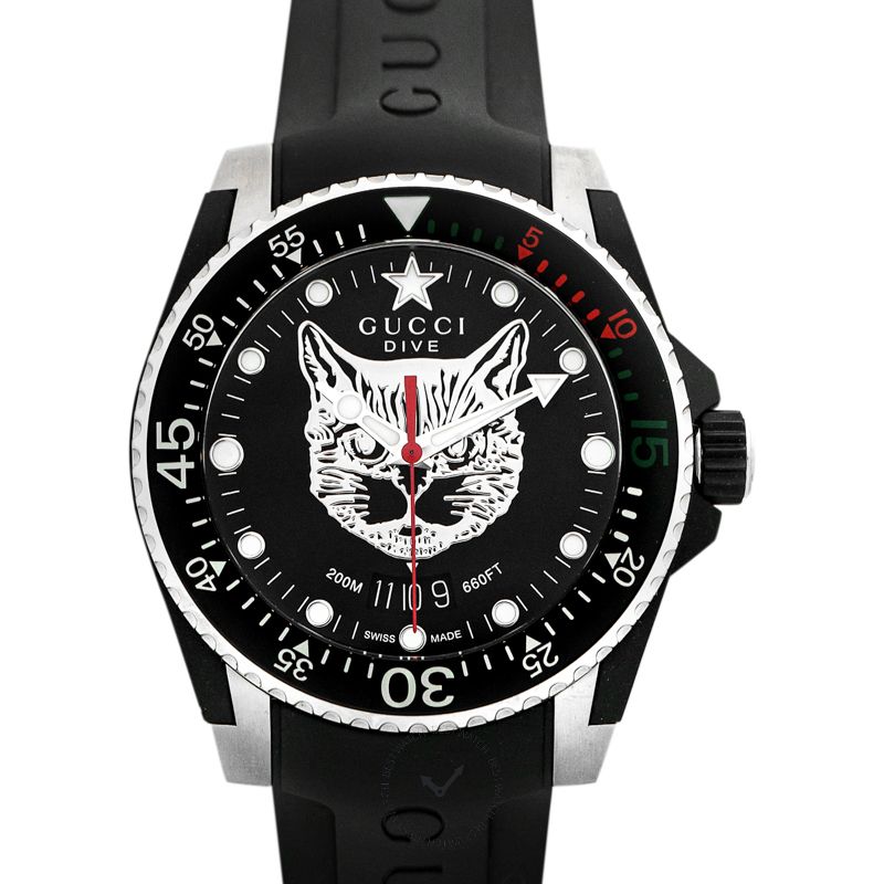 Gucci Dive Feline Black Dial Black Rubber Strap Watch For Men - YA136323 Watches Gucci   