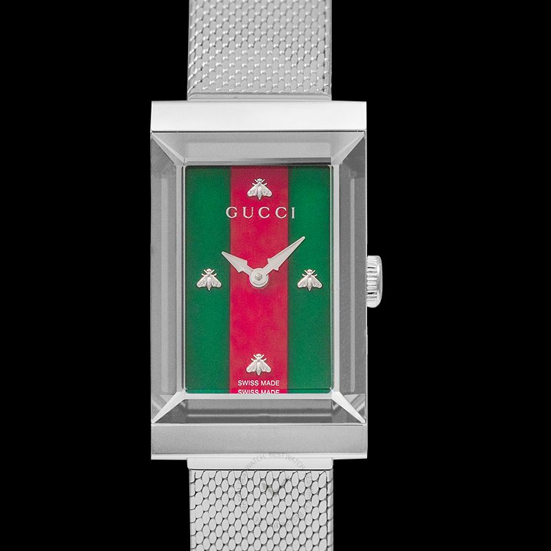 Gucci G Frame Red and Green Dial Silver Mesh Bracelet Watch For Women - YA147401 Watches Gucci   