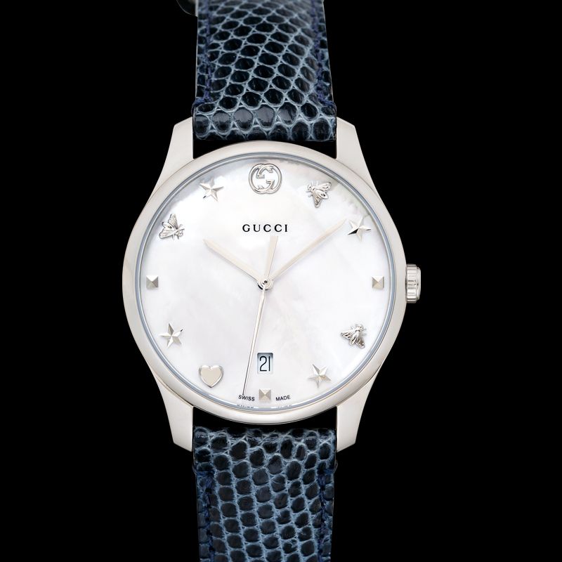 Gucci G-Timeless Signature Mother of Pearl Silver Dial Blue Leather Strap Watch For Women - YA1264049 Watches Gucci   