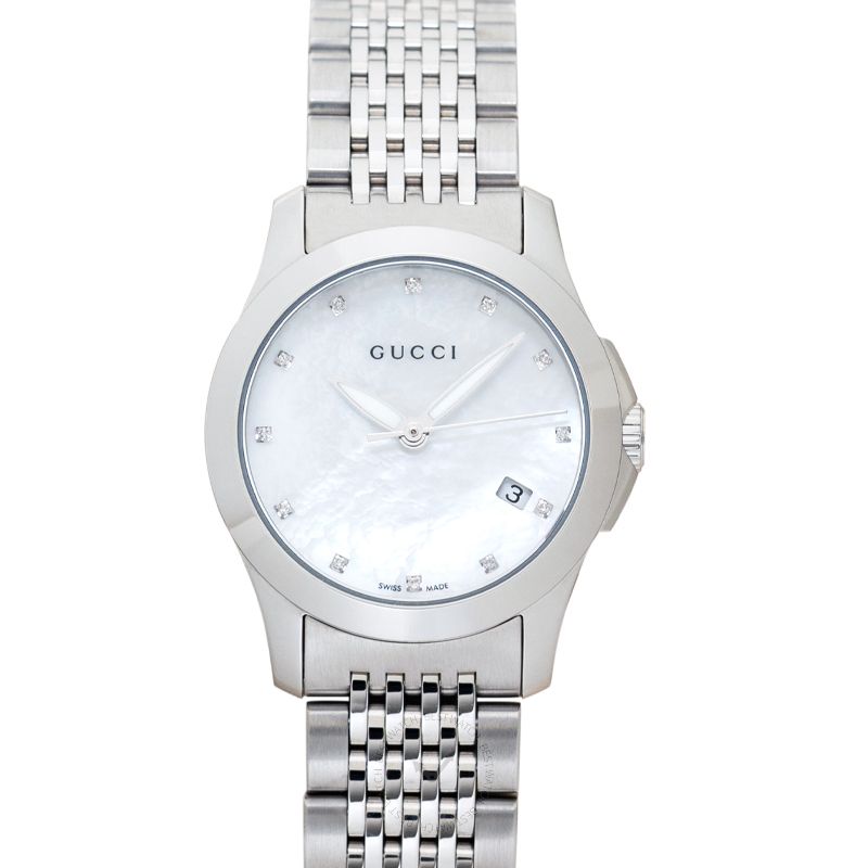 Gucci G Timeless Diamonds Mother of Pearl Dial Silver Steel Strap Watch For Women - YA126504 Watches Gucci   