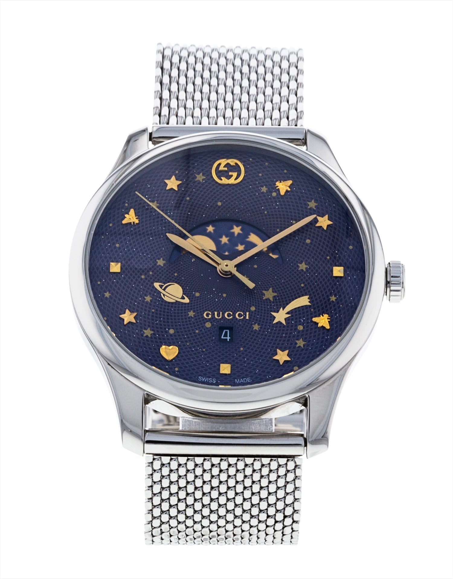 Gucci G-Timeless Motifs Moon Phase Blue Dial Silver Mesh Bracelet Watch For Men - YA126328 Watches Gucci   