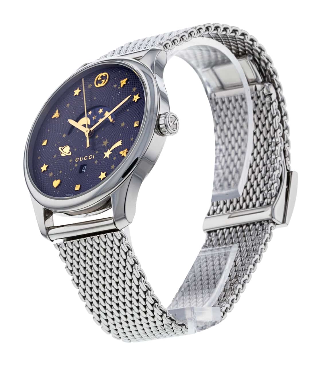 Gucci G-Timeless Motifs Moon Phase Blue Dial Silver Mesh Bracelet Watch For Men - YA126328 Watches Gucci   