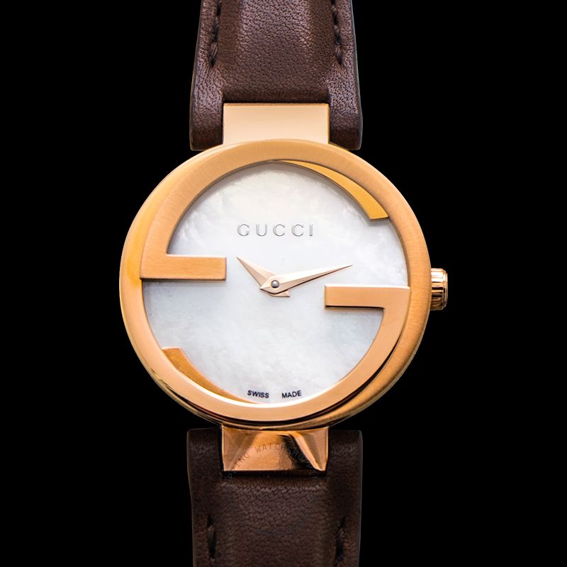 Gucci G Interlocking Mother of Pearl Dial Brown Leather Strap Watch For Women - YA133516 Watches Gucci   