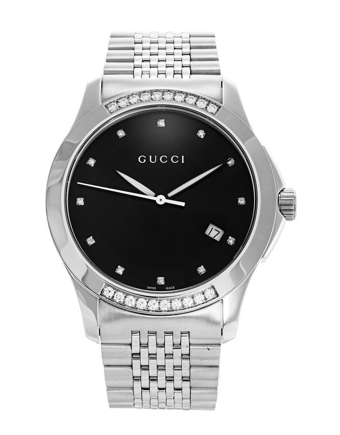 Gucci G Timeless Diamond Black Dial Silver Steel Strap Watch For Women - YA126408 Watches Gucci   