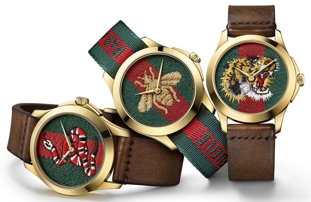 Gucci Le Marche Des Merveilles Red & Green Dial Brown Leather Strap Unisex Watch - YA126497 Watches Gucci   