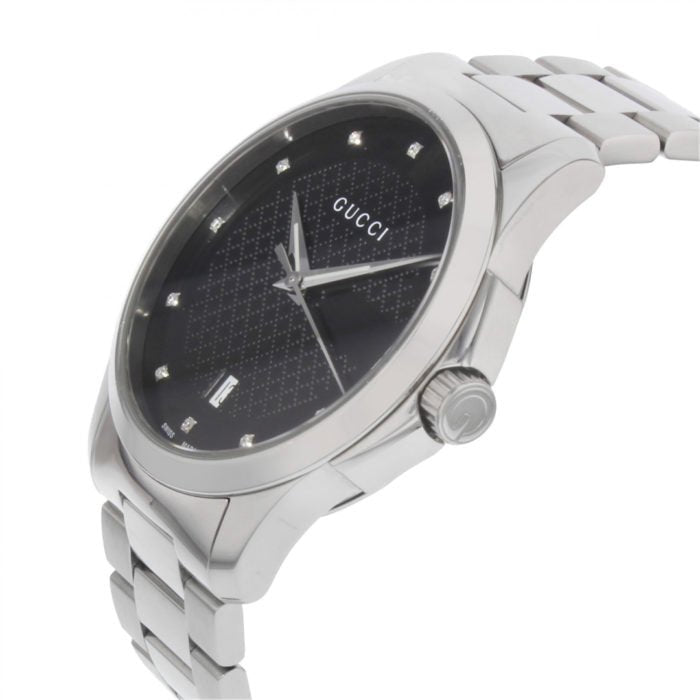 Gucci G Timeless Diamonds Black Dial Silver Steel Strap Watch For Men - YA126456 Watches Gucci   