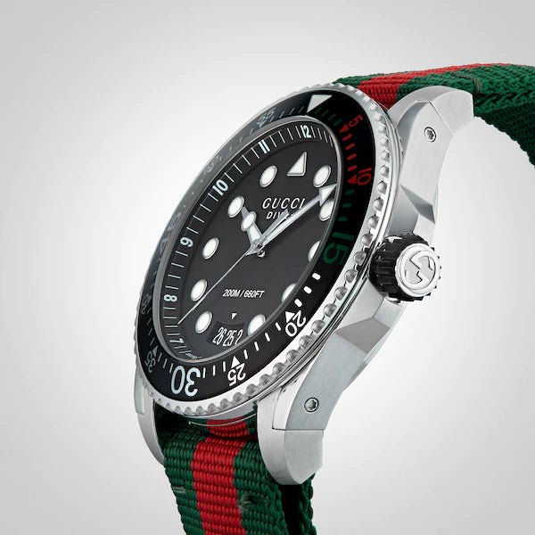 Gucci Dive Black Dial Red & Green Nylon Strap Watch For Men - YA136209 Watches Gucci   