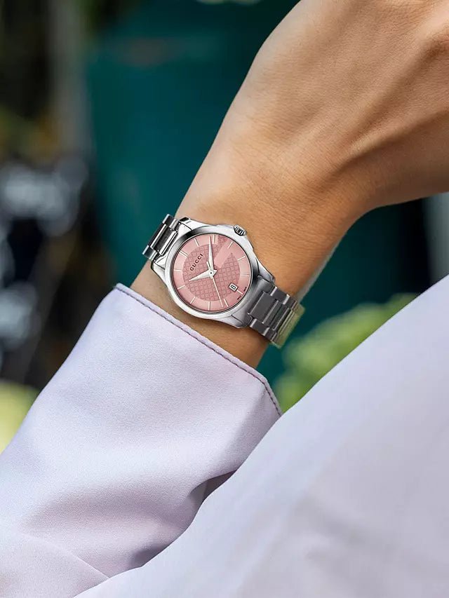 Gucci G Timeless Pink Dial Silver Steel Strap Watch For Women - YA126524 Watches Gucci   