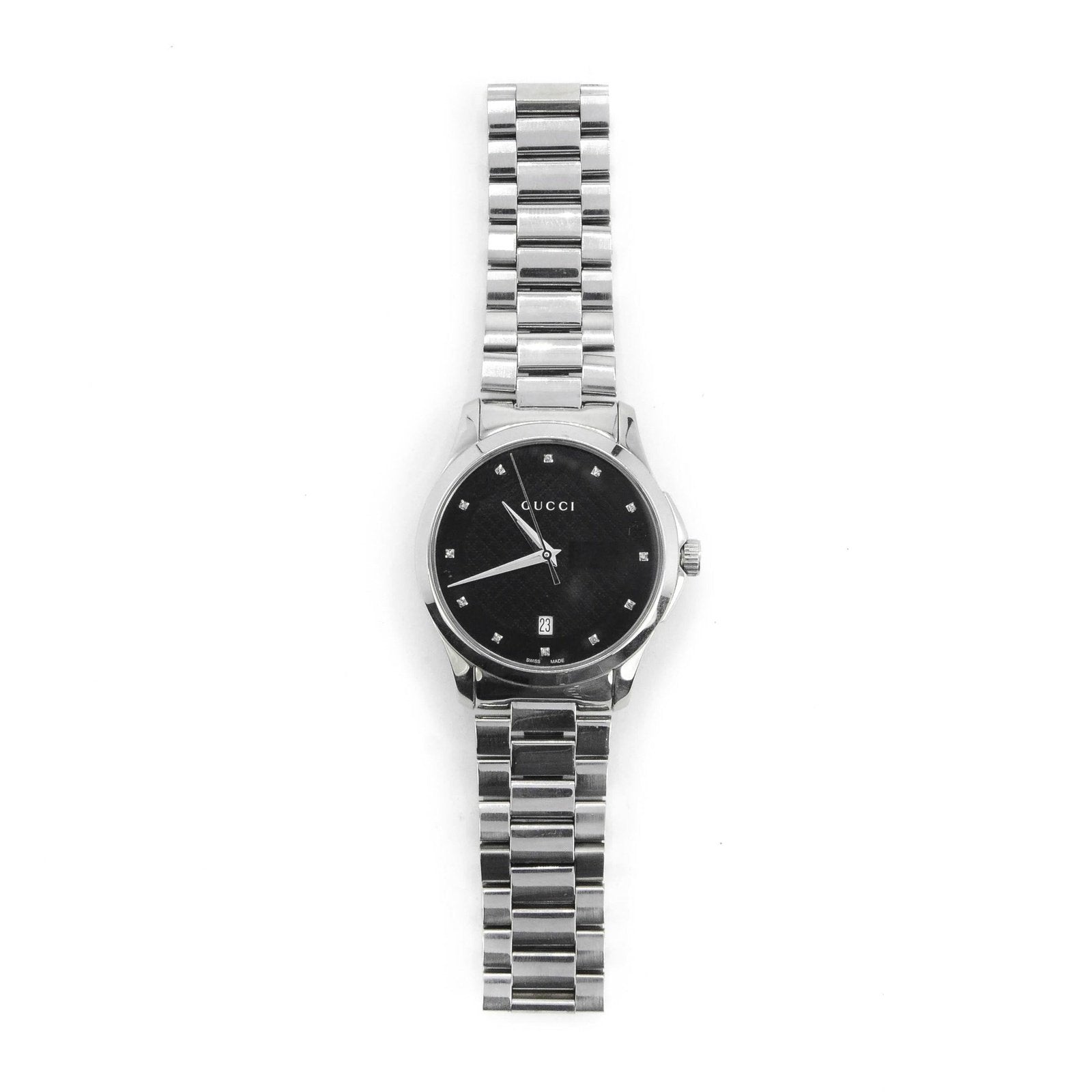 Gucci G Timeless Diamonds Black Dial Silver Steel Strap Watch For Men - YA126456 Watches Gucci   