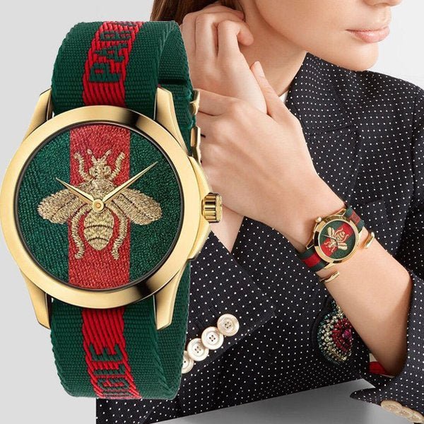 Gucci Le Marche des Merveilles Green & Red Dial Green & Red NATO Strap Unisex Watch - YA126487 Watches Gucci   