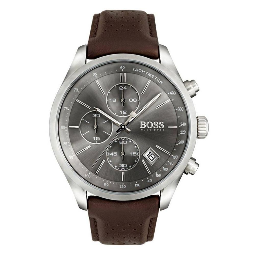 Hugo Boss Grand Prix Grey Dial Brown Leather Strap Watch for Men -  1513476 Watches Hugo Boss   