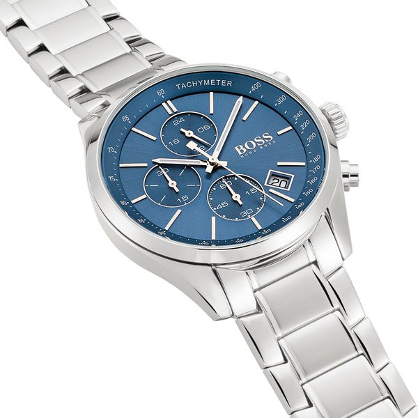 Hugo Boss Grand Prix Blue Dial Silver Steel Strap Watch for Men - 1513478 Watches Hugo Boss   