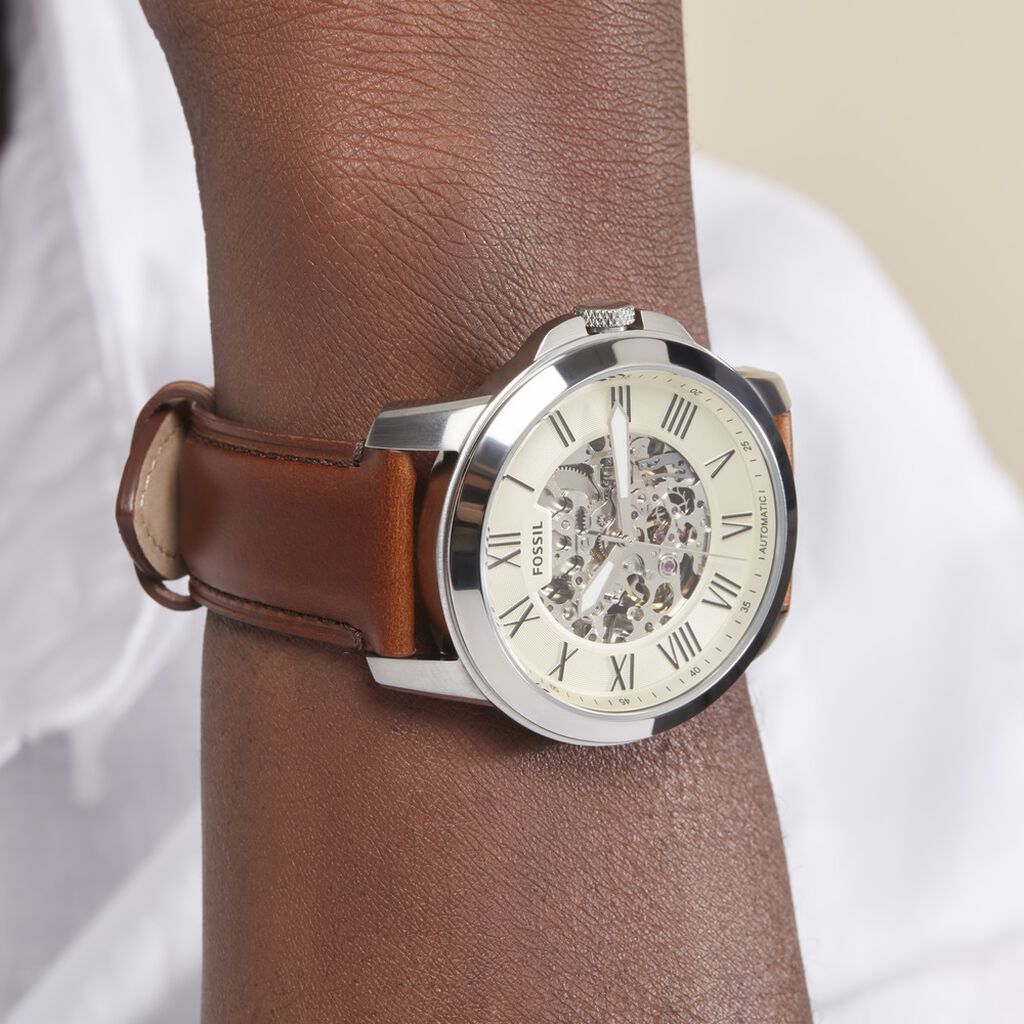 Fossil Grant Automatic Beige Skeleton Dial Brown Leather Strap Watch for Men - ME3099 Watches Fossil   