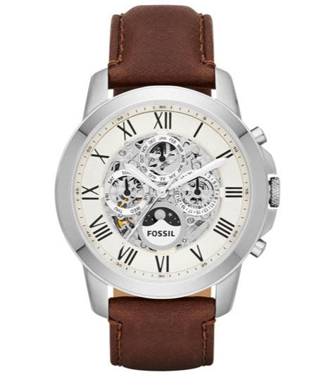 Fossil Grant Automatic White Dial Brown Leather Strap Watch for Men - ME3052 Watches Fossil   